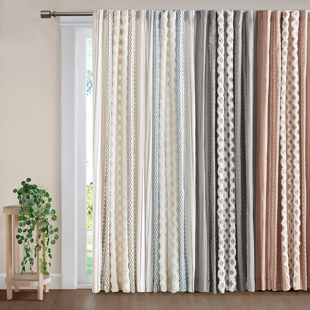 Imani Cotton Printed Curtain Panel with Chenille Stripe and Lining - White/Navy