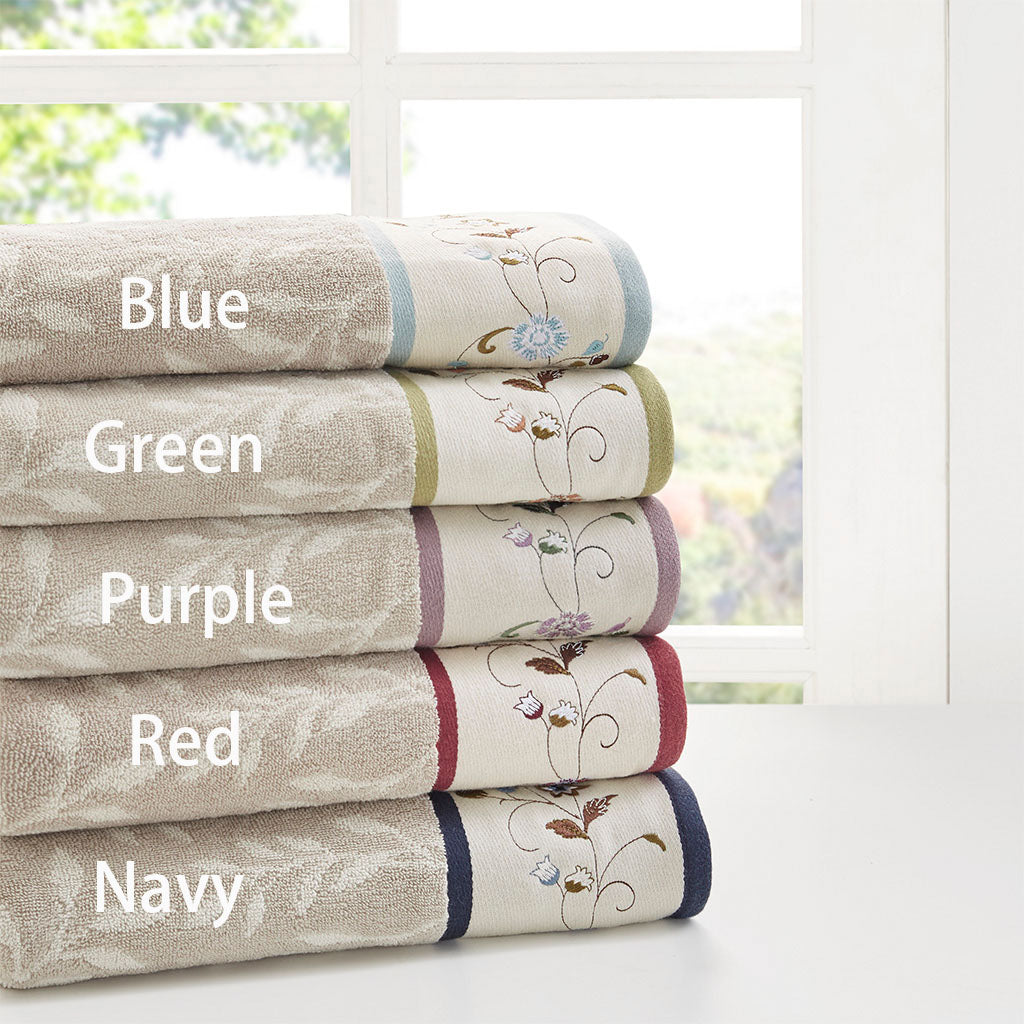 Serene Embroidered Cotton Jacquard 6 Piece Towel Set - Blue