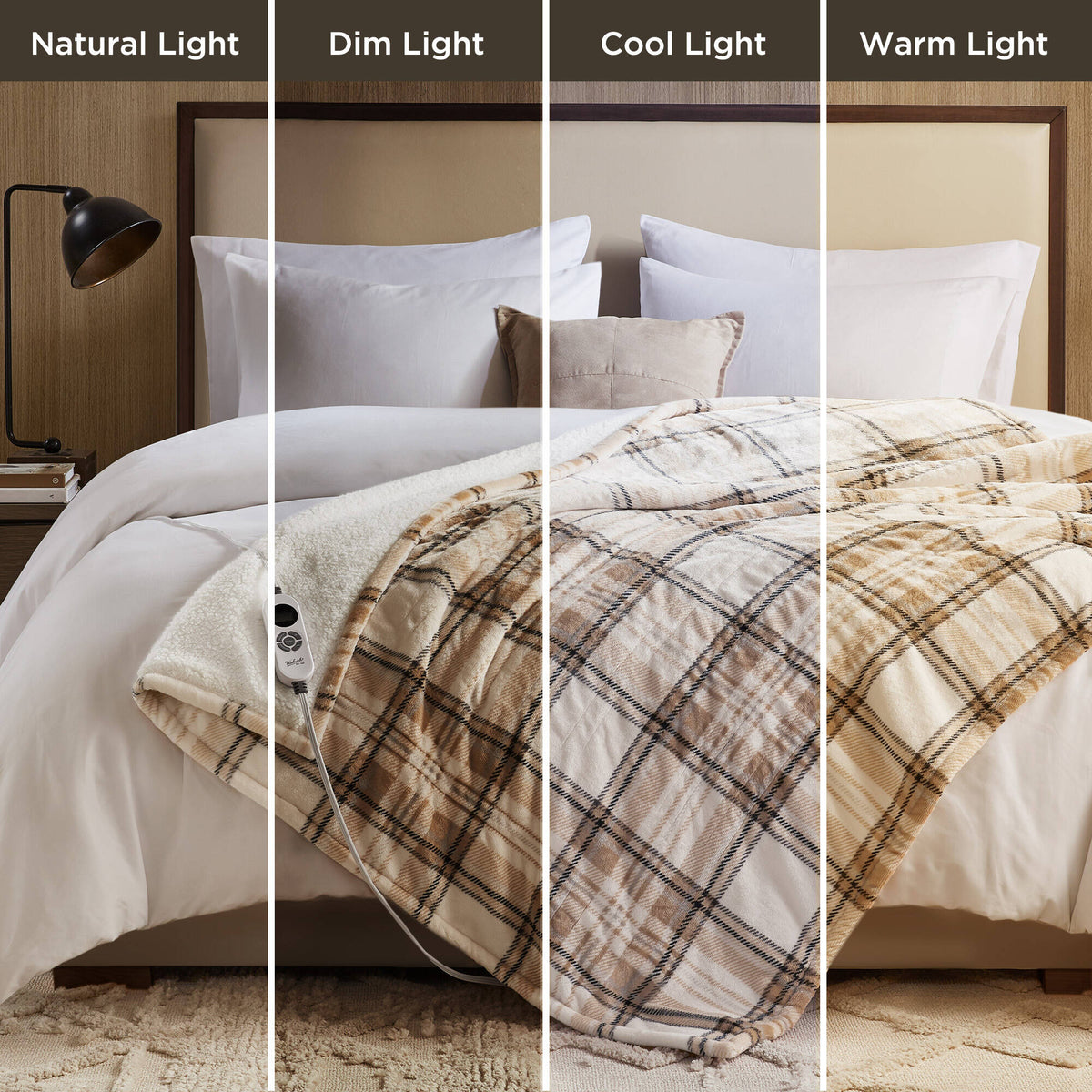 Print Plush to Sherpa Heated Throw - Tan Plaid