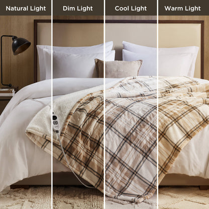Print Plush to Sherpa Heated Throw - Tan Plaid