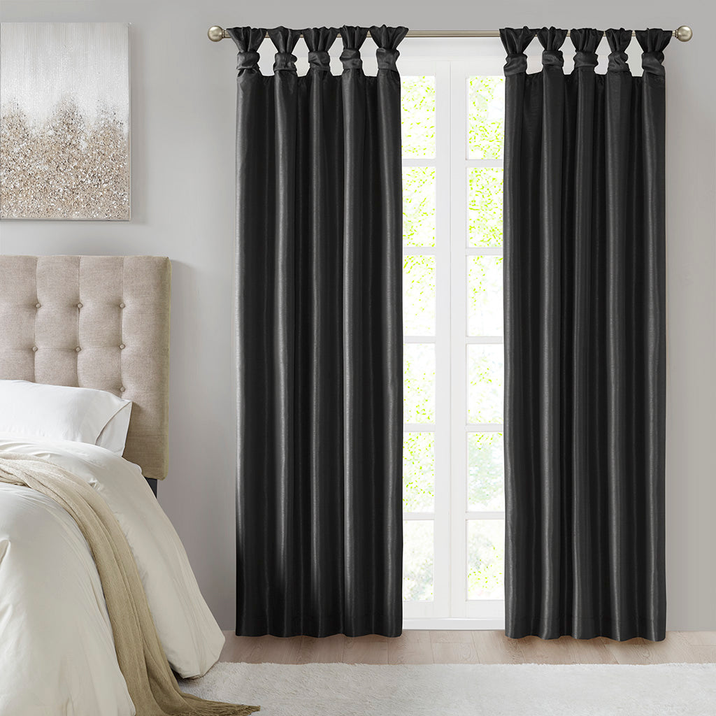 Emilia 100% Polyester Solid Faux Silk Lined Twist Tab Total Blackout Window Curtain - Black
