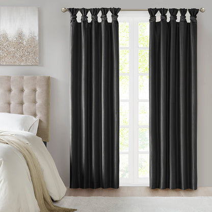 Emilia 100% Polyester Solid Faux Silk Lined Twist Tab Total Blackout Window Curtain - Black