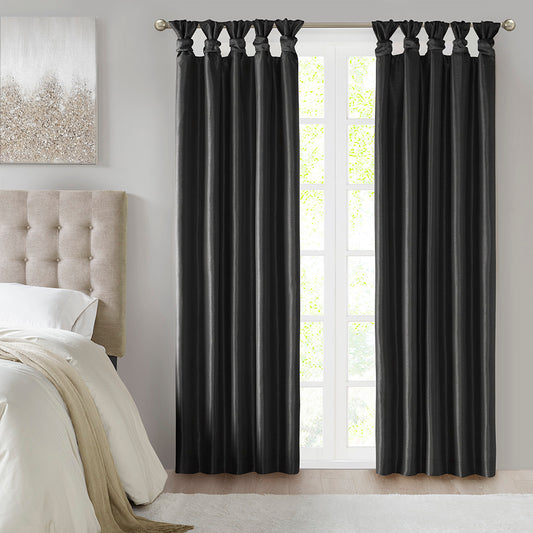 Emilia 100% Polyester Solid Faux Silk Lined Twist Tab Total Blackout Window Curtain - Black