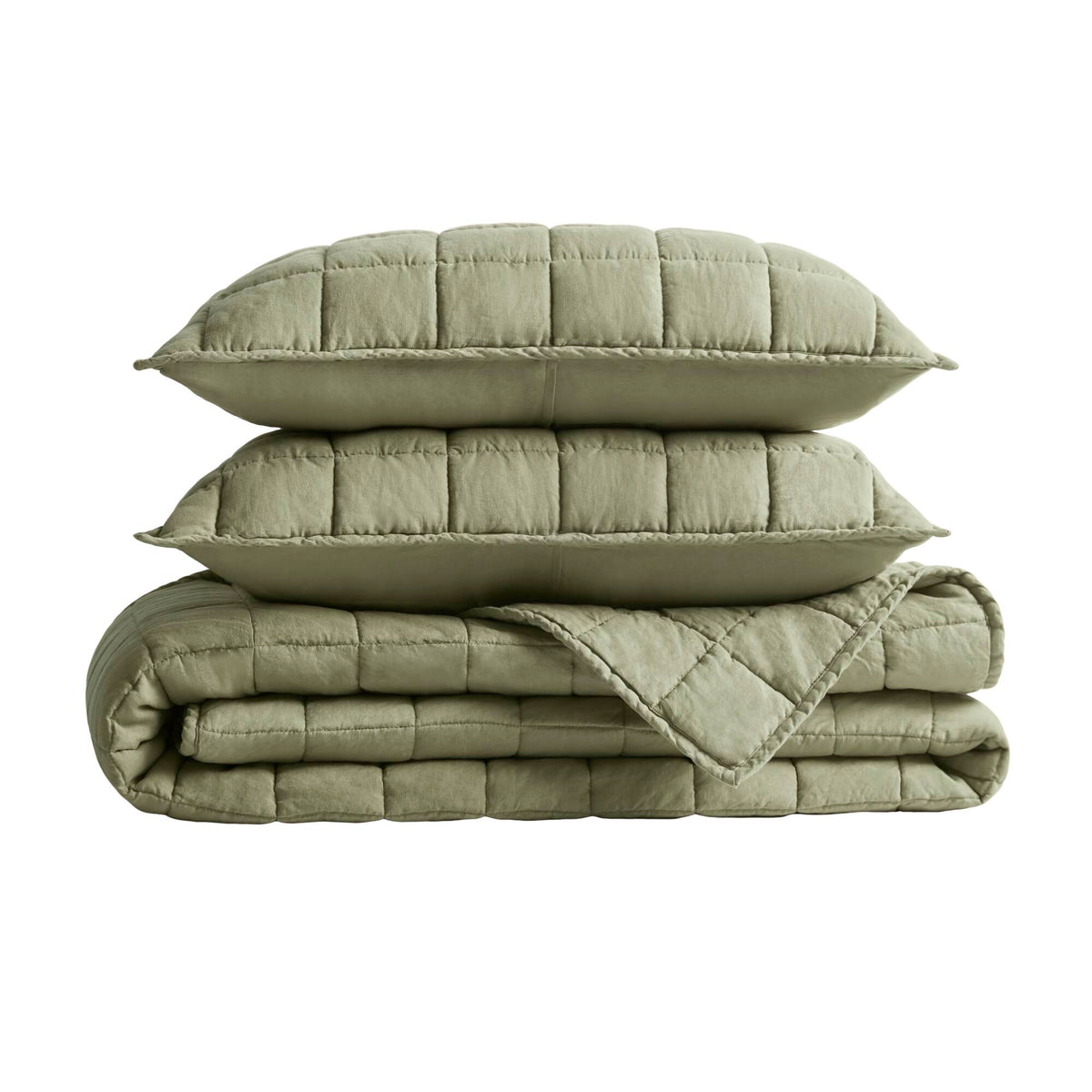 French Flax Linen Garment Washed Quilt Set - Olive Green
