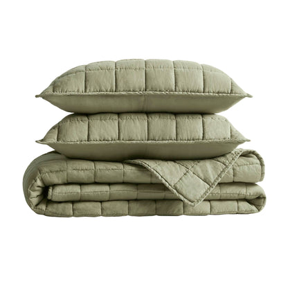 French Flax Linen Garment Washed Quilt Set - Olive Green