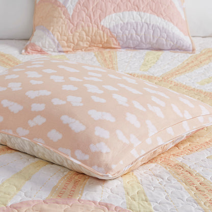 Dawn Reversible Sunshine Printed Cotton Quilt Set with Throw Pillow - Yellow/Coral