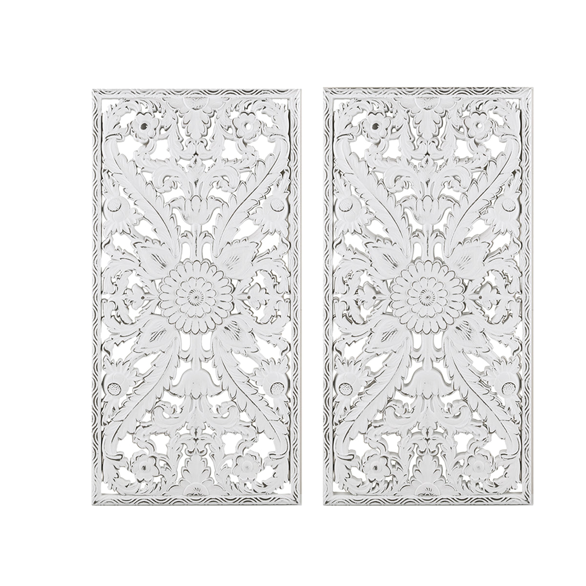Botanical Panel Distressed Carved Wood 2-piece Wall Decor Set - White