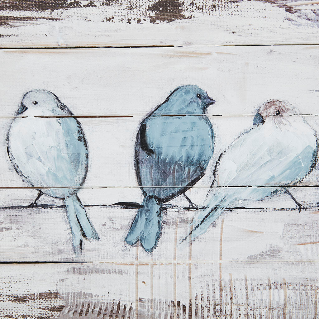 Perched Birds Hand Painted Wood Plank Panel Wall Decor - White/Grey