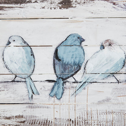 Perched Birds Hand Painted Wood Plank Panel Wall Decor - White/Grey