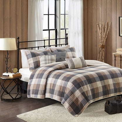 Ridge 6 Piece Printed Herringbone Quilt Set with Throw Pillows - Neutral