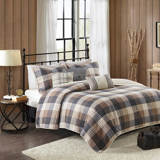 Ridge 6 Piece Printed Herringbone Quilt Set with Throw Pillows - Neutral