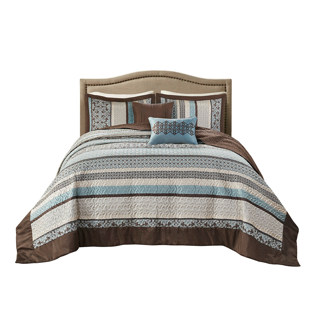 Princeton 5 Piece Reversible Jacquard Bedspread Set - Blue