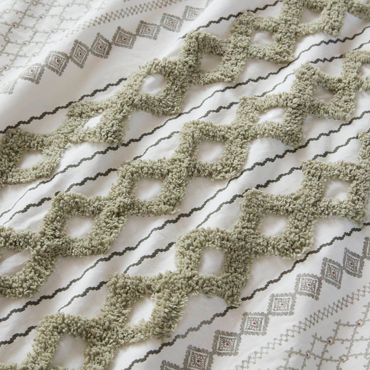 Imani Cotton Printed Comforter Set with Chenille - Sage/Ivory