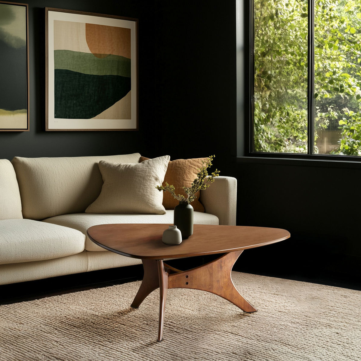 Blaze Organic Triangular Wood Coffee Table with Sculptural Base - Brown