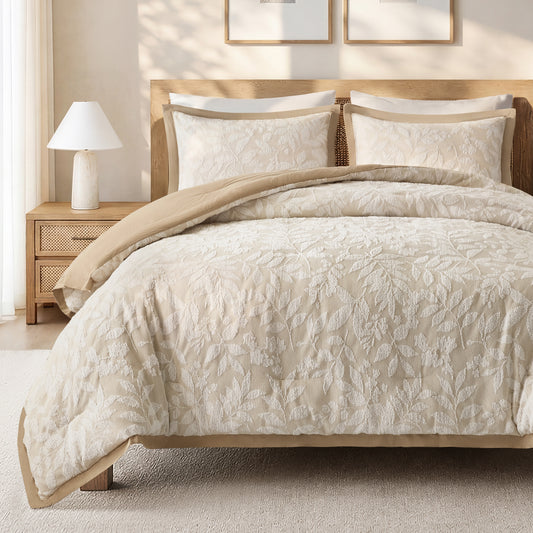 Harbor House Blue Solace Leaf 3-Piece Cotton Blend Botanical Jacquard Comforter Set - Beige