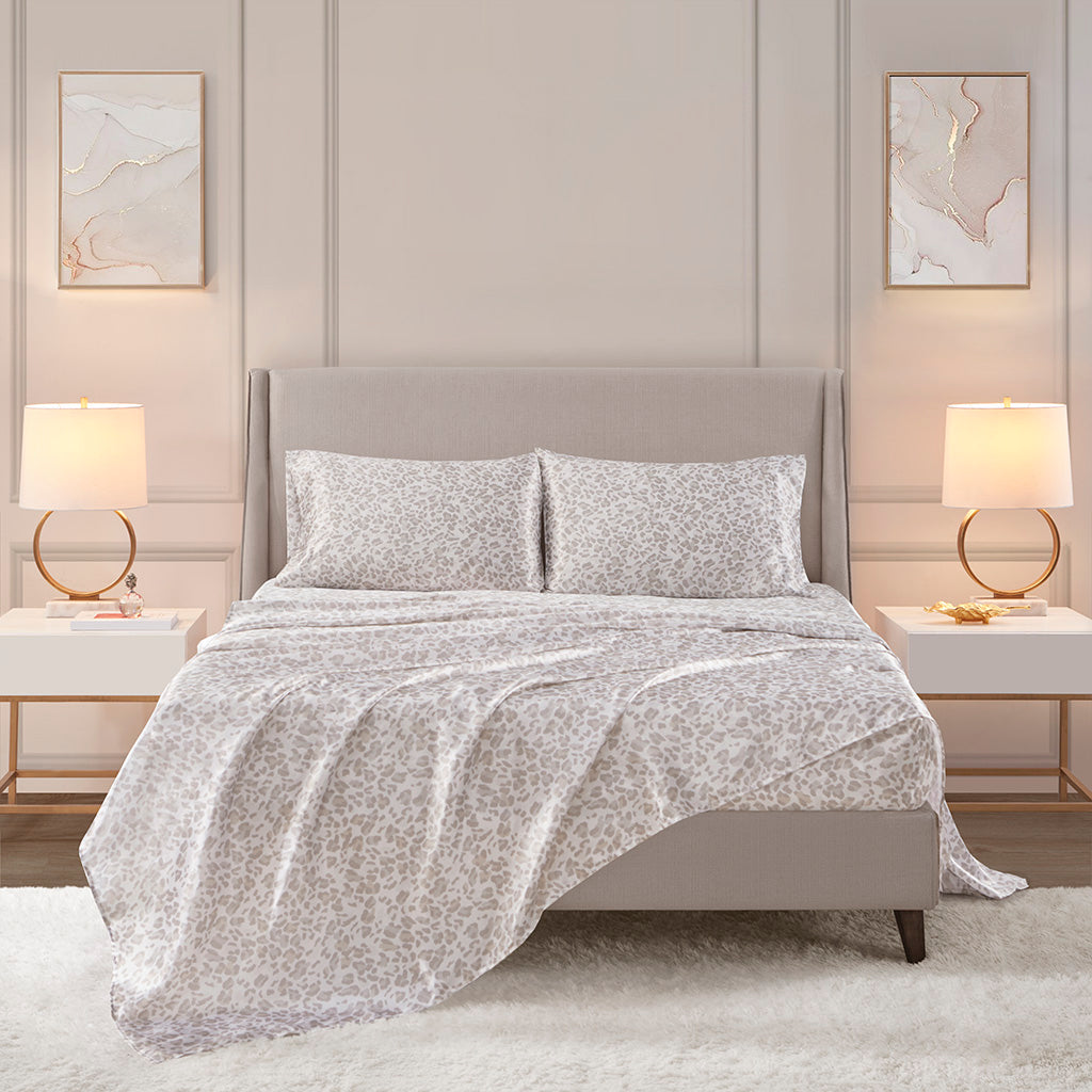 Printed Satin Sheet Set - Taupe Leopard