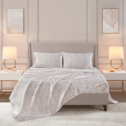 Printed Satin Sheet Set - Taupe Leopard