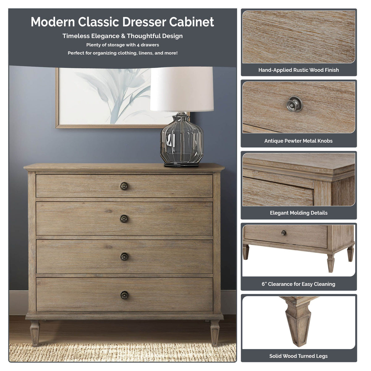 Victoria 4-drawer wood dresser (40") - Reclaimed Grey