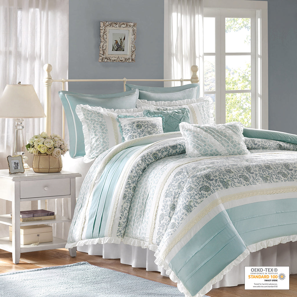 Dawn 9 Piece Cotton Percale Duvet Cover Set - Aqua