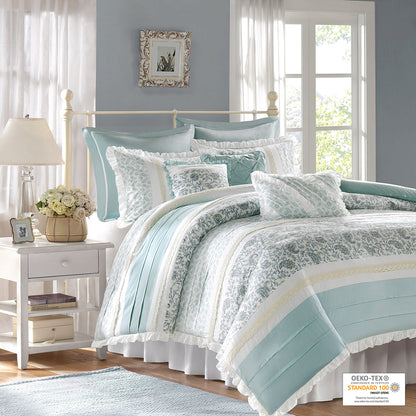 Dawn 9 Piece Cotton Percale Duvet Cover Set - Aqua
