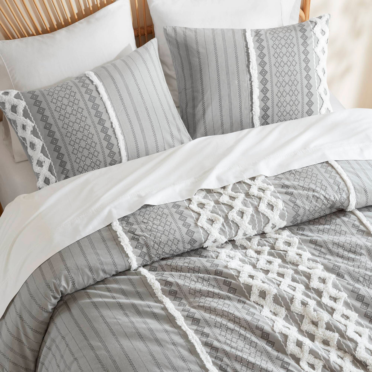 Imani Cotton Printed Duvet Cover Set with Chenille - Gray