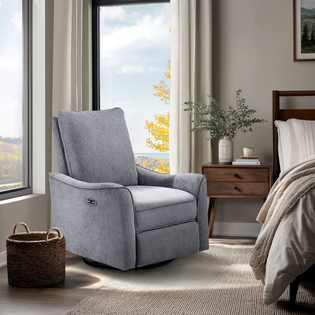 Cameron Power Recliner 3-in-1 with Swivel, Glider, Charging Station - Grey