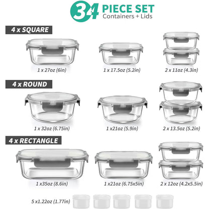 34-Piece Glass Food Storage Containers with Airtight Lids Set (Grey)