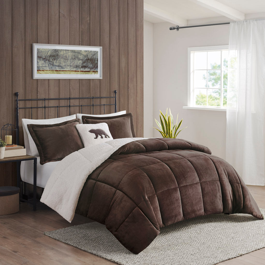 Alton Plush to Sherpa Down Alternative Comforter Set - Brown/Ivory