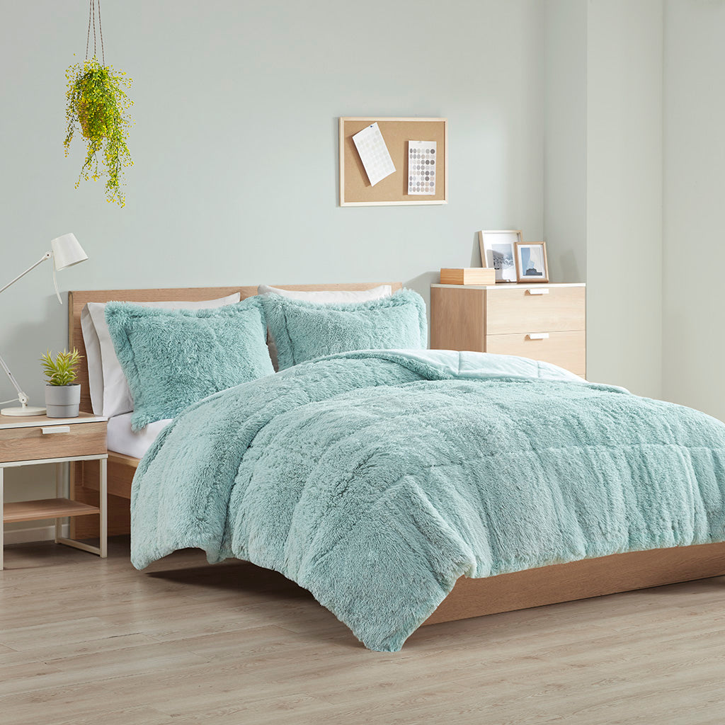 Malea Shaggy Faux Fur Comforter Mini Set - Aqua