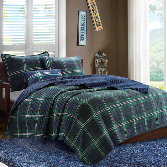 Brody Reversible Quilt Set with Throw Pillow - Blue