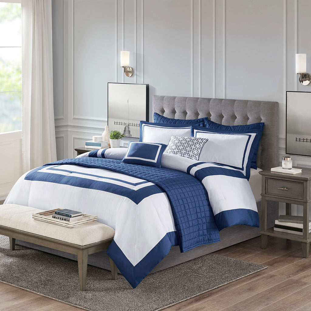 Heritage 8 Piece Comforter and Quilt Set Collection - Navy