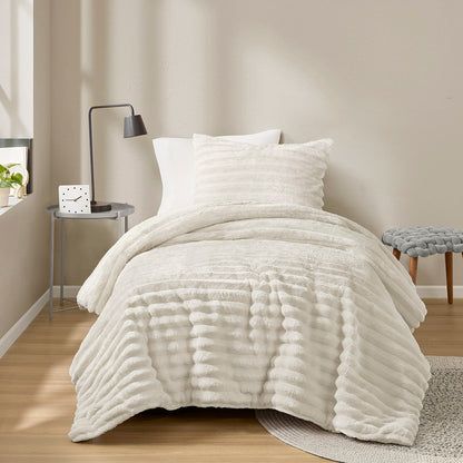 Avril Fluffy Ribbed Plush Comforter Set - Ivory
