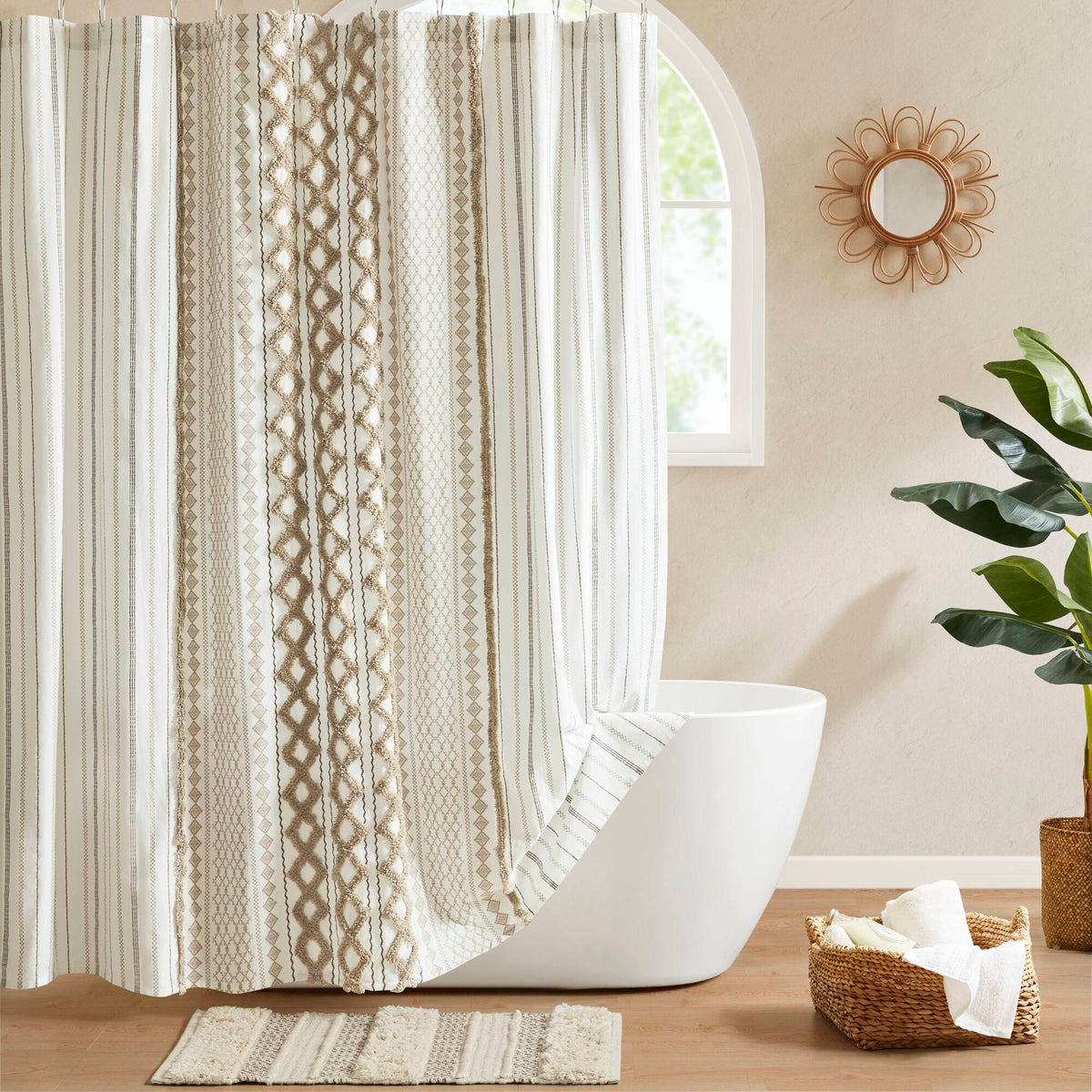 Imani Cotton Printed Shower Curtain with Chenille - Neutral