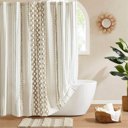 Imani Cotton Printed Shower Curtain with Chenille - Neutral