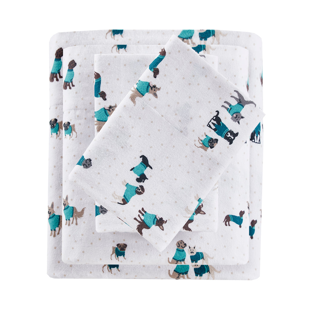 Cozy Soft Cotton Flannel Printed Sheet Set - Teal Dogs