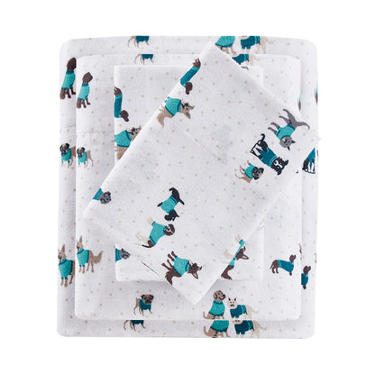 Cozy Soft Cotton Flannel Printed Sheet Set - Teal Dogs