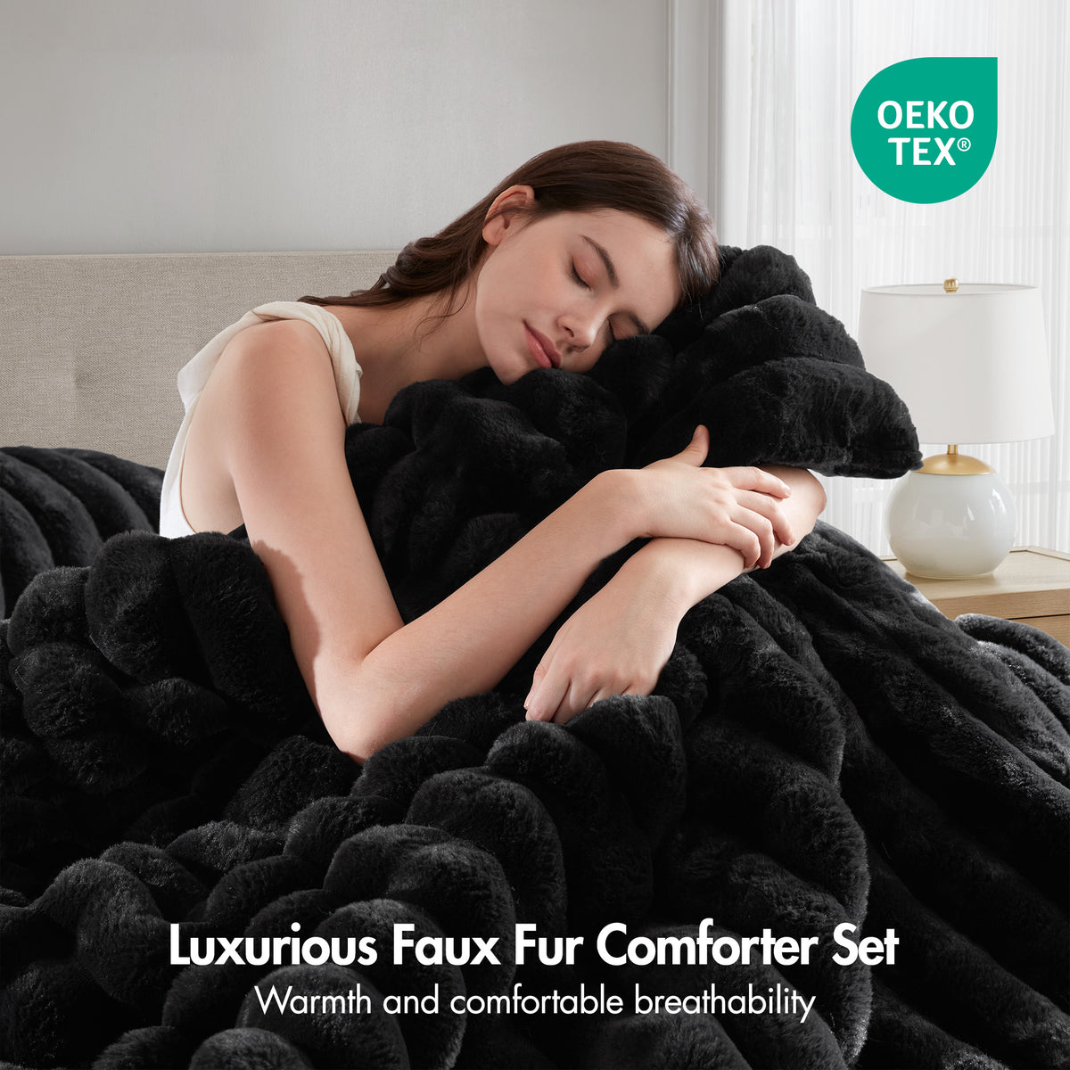 Jasmine 3 Piece Faux Fur Comforter Set - Black