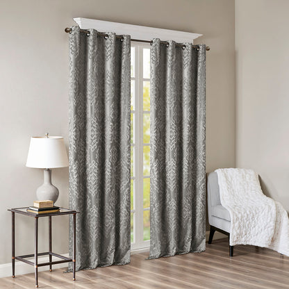Mirage Knitted Jacquard Damask Total Blackout Grommet Top Curtain Panel - Charcoal