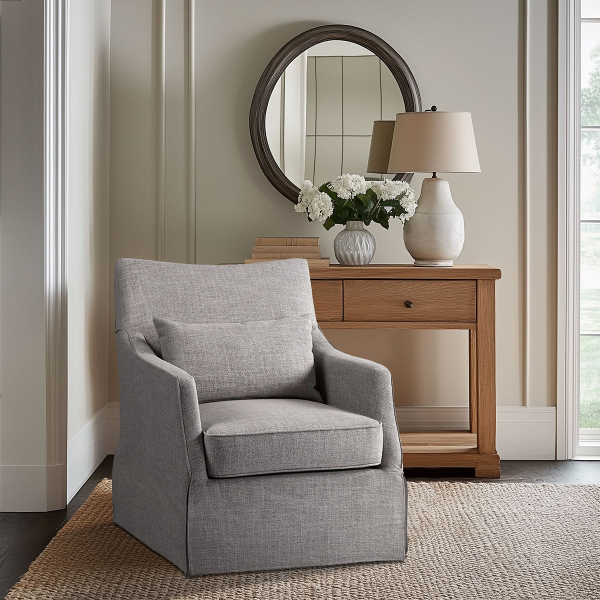 London Upholstered Skirted Swivel Armchair with Lumbar Pillow - Grey