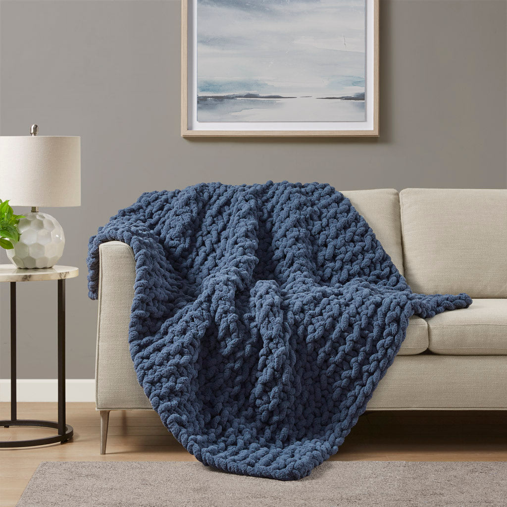 Chenille Chunky Knit Throw - Navy Blue