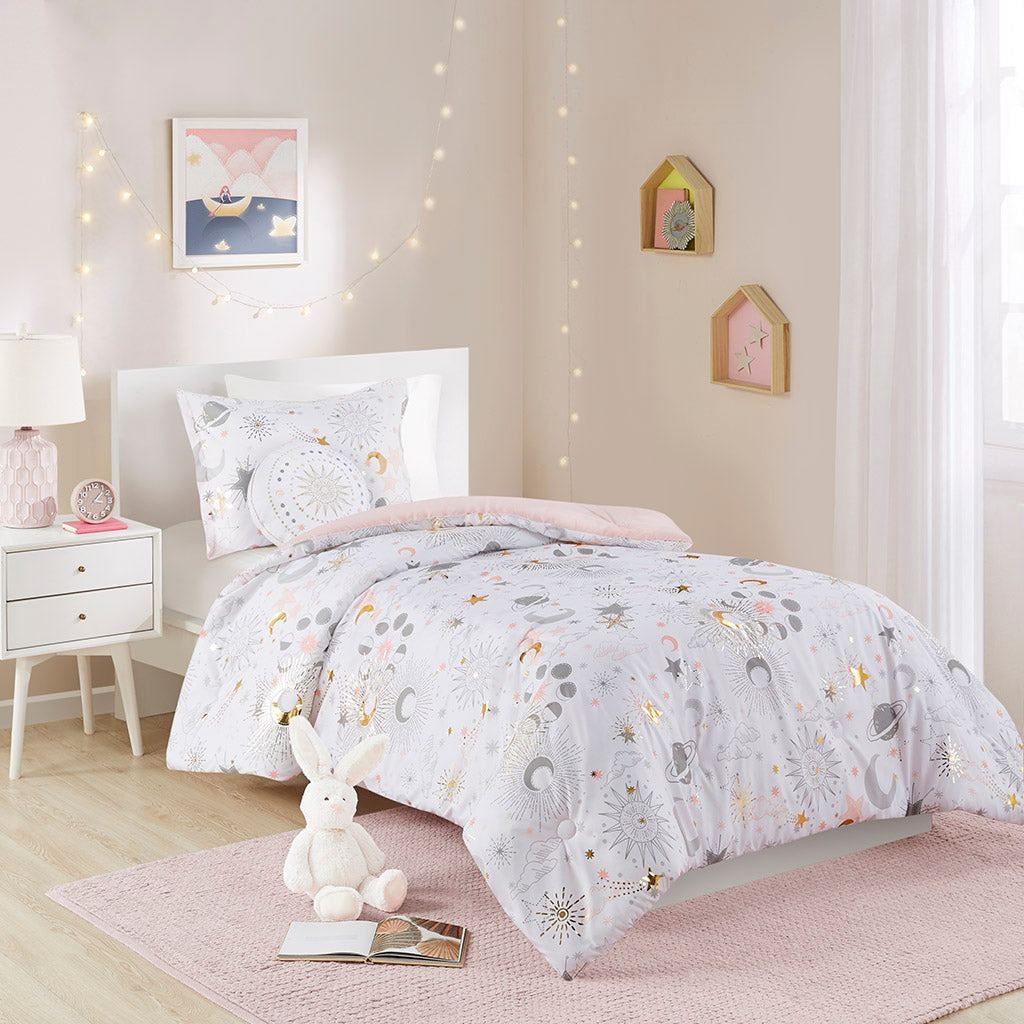 Celia Starry Sky Metallic Comforter Set with Throw Pillow - Blush/Gold