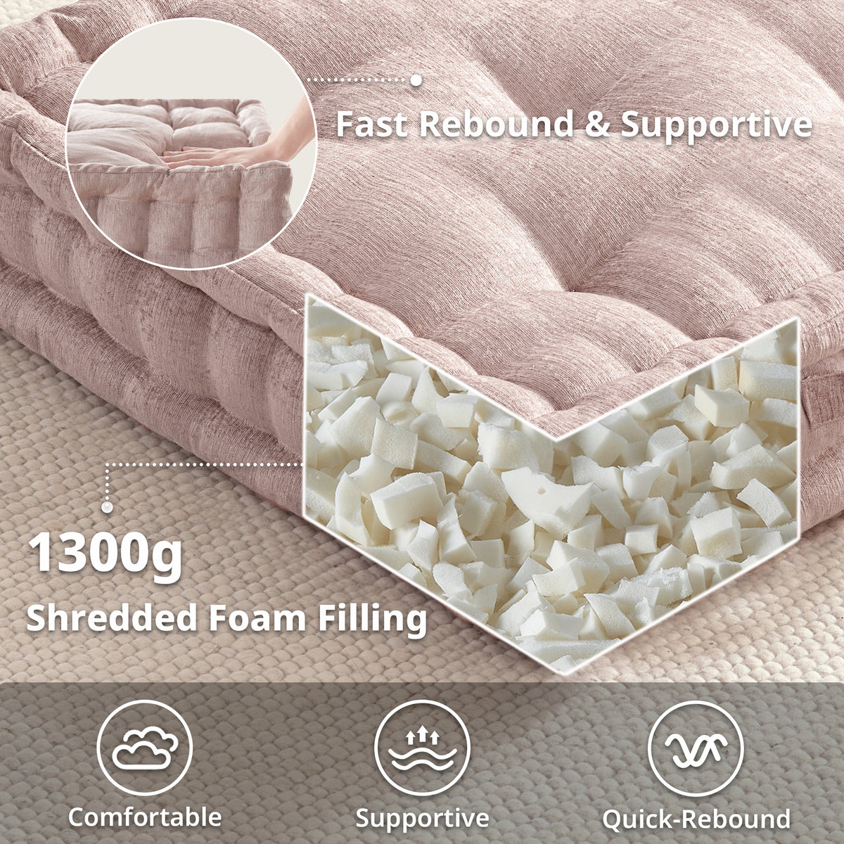 Azza Poly Chenille Square Floor Pillow Cushion - Blush