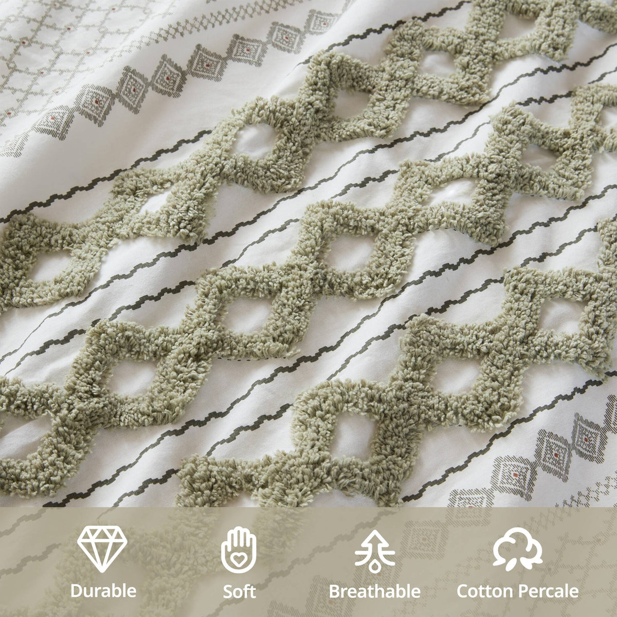 Imani Cotton Printed Comforter Set with Chenille - Sage/Ivory