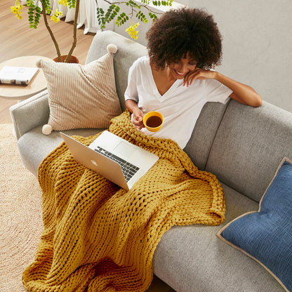 Chunky Double Knit Handmade Throw Blanket - Yellow