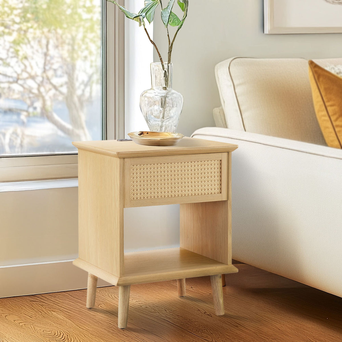 Teagan Rattan Side Table with Built-in Charging Station & LED Light - Natural