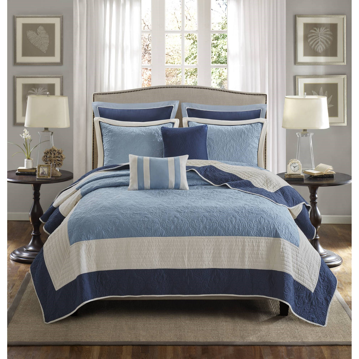 Attingham 7 Piece Quilt Set with Euro Shams and Throw Pillows - Blue/Navy