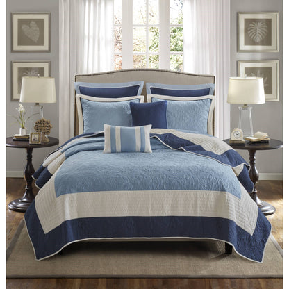Attingham 7 Piece Quilt Set with Euro Shams and Throw Pillows - Blue/Navy