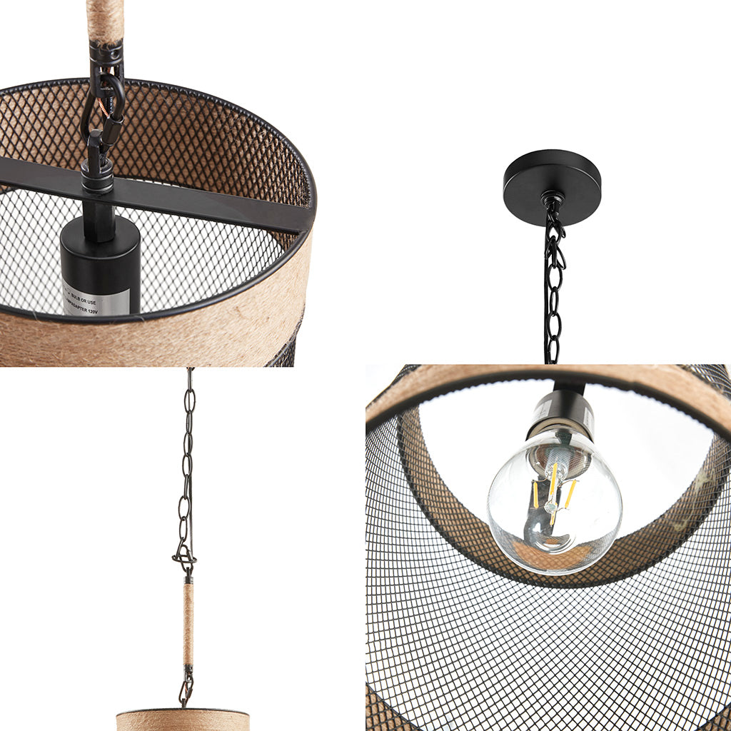 Orion Natural Rope and Metal Mesh Cylinder Pendant - Natural/Black
