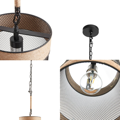 Orion Natural Rope and Metal Mesh Cylinder Pendant - Natural/Black