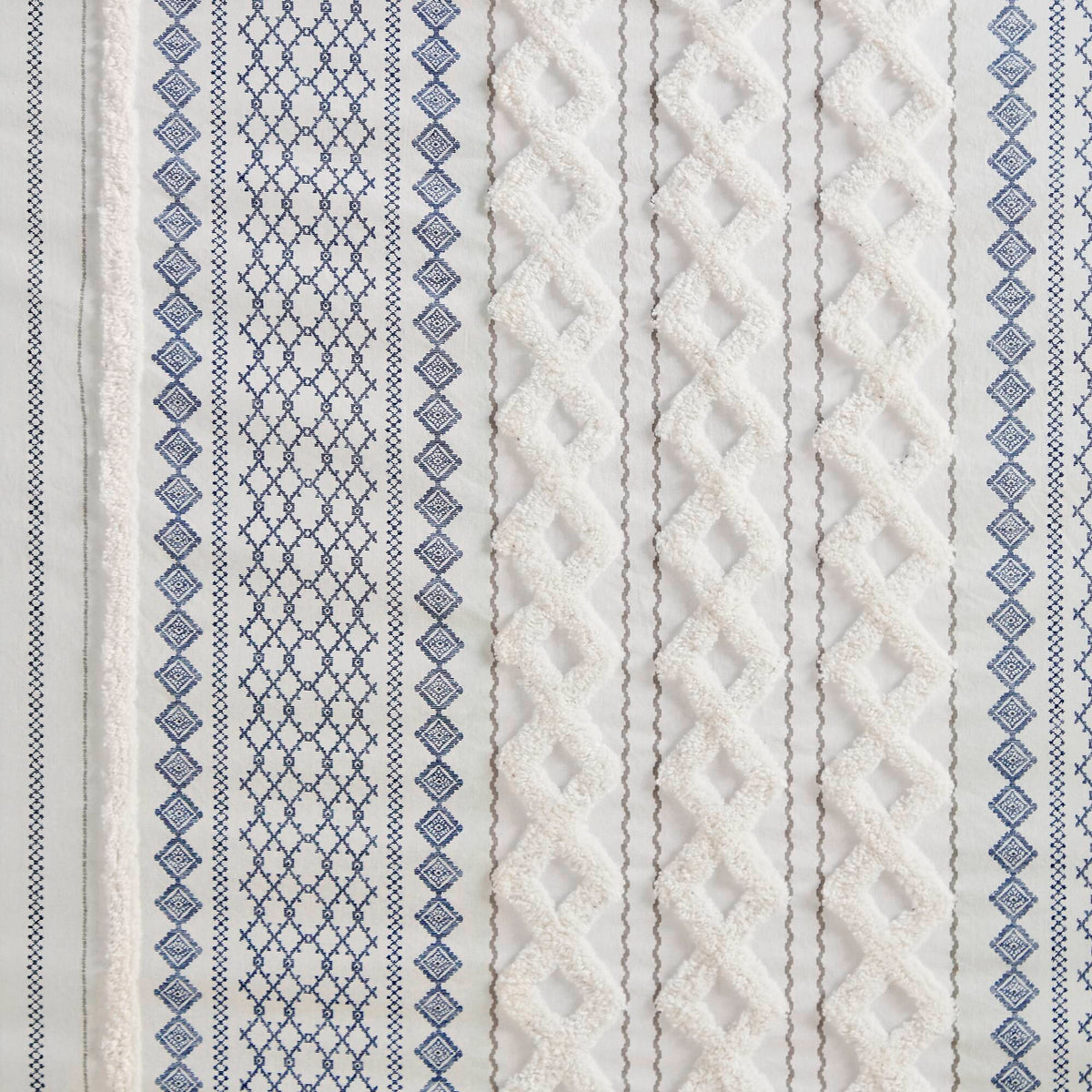 Imani Cotton Printed Shower Curtain with Chenille - White/Navy